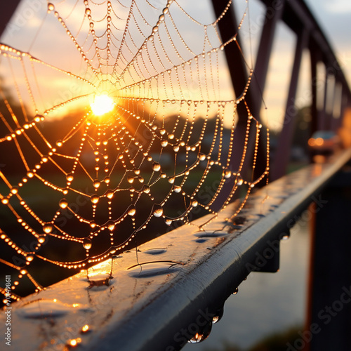 Fotografia con detalle de reflejos de sol sobre una tela de araña en una barandilla de metal photo