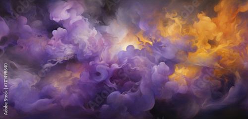 Ethereal clouds of amethyst and citrine smoke bursting forth, painting the air with a mesmerizing and vibrant palette.