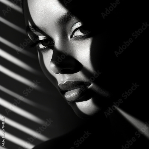 Fotografia en blanco y negro con detalle de rostro femenino en penumbra