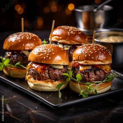fotografia con detalle y textura de varios pequeños bocadillos de hamburguesa con aderezos photo