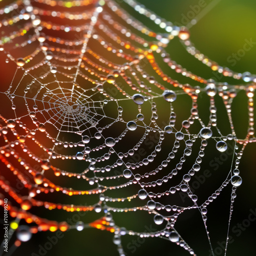 Fotografia con detalle y textura de tela de araña con gotas de rocio y reflejos de luz con colores © Iridium Creatives