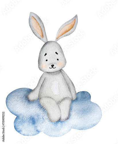 Fototapeta Naklejka Na Ścianę i Meble -  Cute bunny sitting on cloud watercolor painting for baby child postcard. Cartoon rabbit sweet dreams aquarelle drawing for children decoration