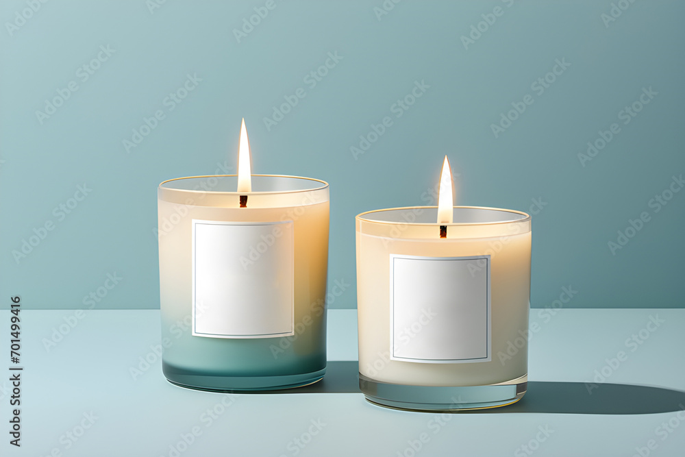 two candles in a glass jar on a minimalistic blue background two candles in a glass jar on a minimalistic blue background