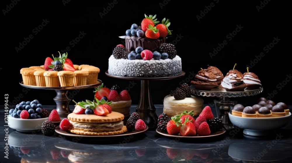  a table topped with cakes and desserts covered in frosting and strawberries on top of each of them.