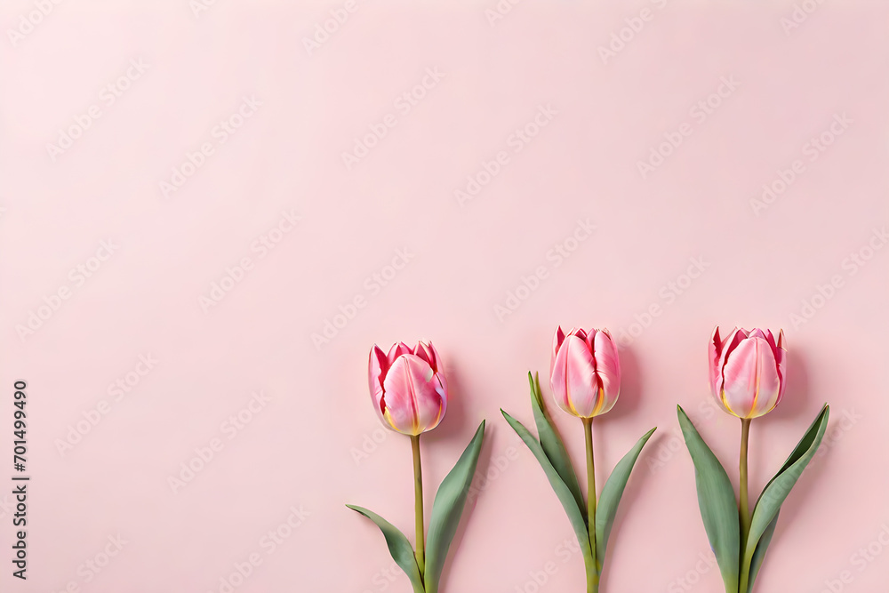 Naklejka premium 3 pink tulips on a minimalistic pink background flatlay top view with space for text