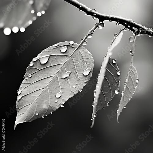 Fotografia en blanco y negro con detalle de hojas con gotas de rocio