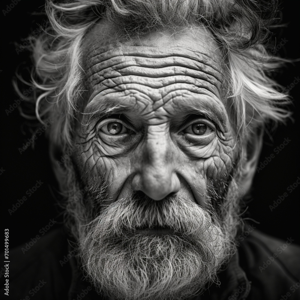 fotografia en blanco y negro de primer plano de rostro de hombre mayor con arrugas, sobre fondo de color negro