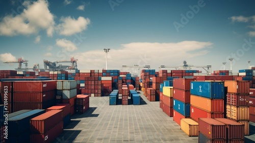 Many shipping containers at a shipping port, colored shipping containers for maritime shipping of goods.