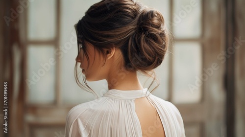 Messy dreamy low bun hairstyle for woman. Female hairstyle free bun, copy space