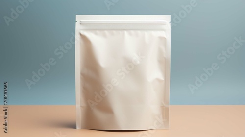  Mockup of an empty paper white bag with zip closure isolated on a flat pastel background with copy space. Packaging template for product design.