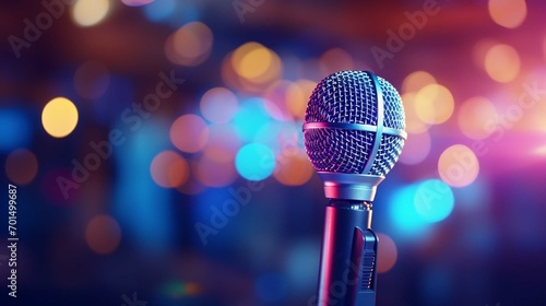 Microphone, close up shot, neon blue color palette. Microphone on blurred club background with copy space. Banner template for karaoke club.
