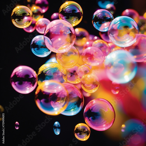Fondo con detalle de multitud de burbujas con difuminado de colores, sobe fondo negro
