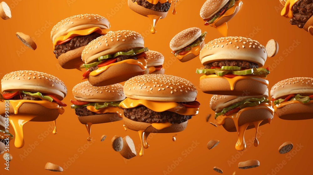 Wallpaper with a bunch of floating burgers on orange background. Lots of tasty burgers, yummy screen saver. Fast food backdrop. Generative AI 3d render illustration cartoon