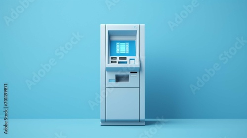 Unbranded ATM on the background of a monochrome blue wall. Front view, blue ATM in a minimal interior. Minimal creative concept.