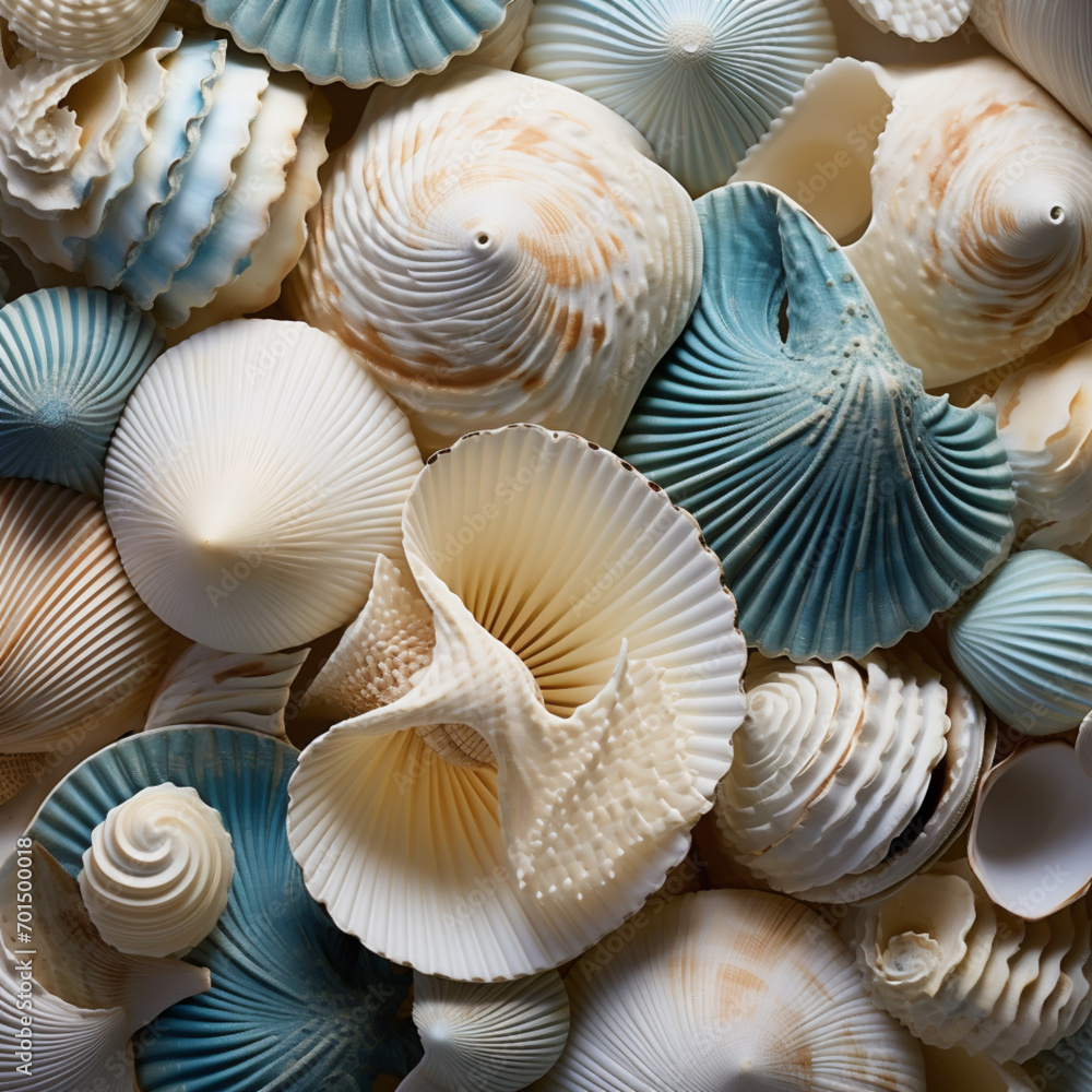 fotografia con detalle y textura de varias conchas marinas con tonos azules y blancos