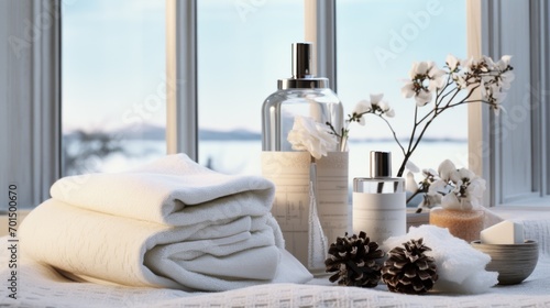  a stack of towels sitting on top of a bed next to a bottle of lotion and a pine cone.