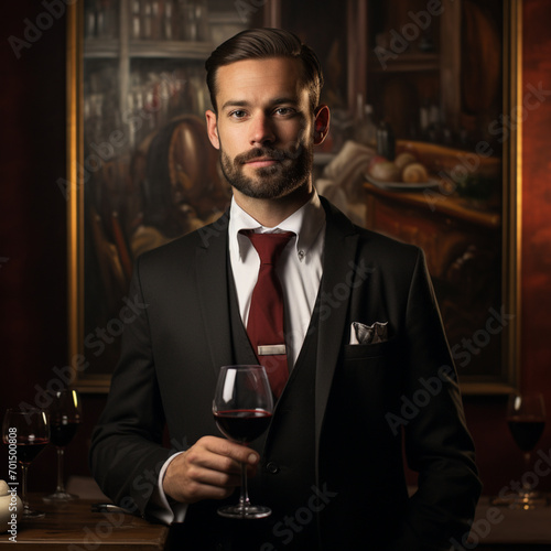 Fotografia con detalle de elegante hombre con traje y copa de vino