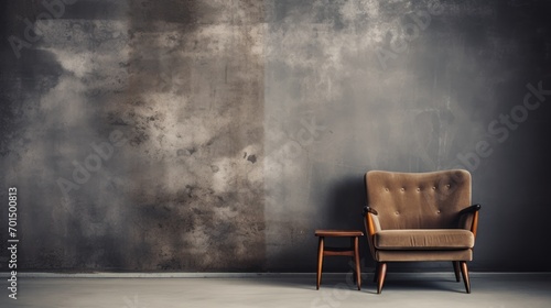  a chair and a table in front of a wall with a grungy wall and a chair in front of it.