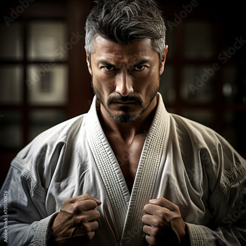 Fotografia con detalle de instructor de artes marciales con actitud seria photo