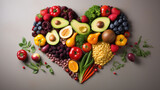 A heart-shaped assortment of nutritious foods promotes a balanced diet on World Health Day, highlighting the importance of healthy eating.