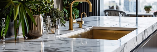 A high-end kitchen sink with a luxurious gold faucet and an exquisite marble worktop photo