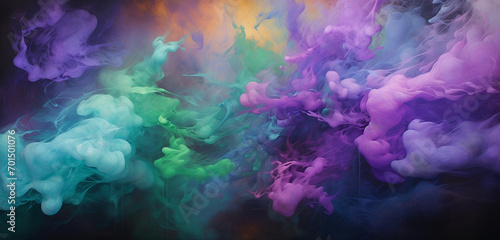 Explosive clouds of emerald and amethyst smoke soaring and melding, narrating a captivating portrait of vibrant colors across the atmospheric canvas.