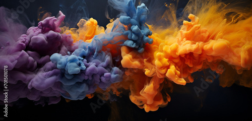 Explosive clouds of goldenrod and indigo smoke intertwining, creating a mesmerizing explosion of color against a dark canvas.