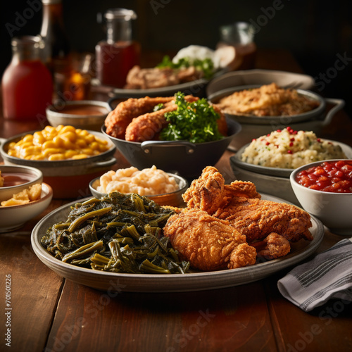 fotografia con detalle de mesa con varios platos de comida con verduras y pollo rebozado photo