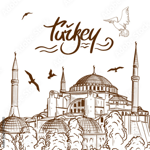 Sketch Drawing of an Aya Sofya, Hagia Sophia Mosque, Istanbul, Turkey. Turkish Tourist Attractions design elements.