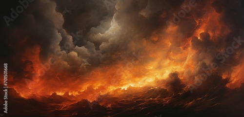 A striking portrayal of intense flames amidst thick smoke, tailored artistically to captivate within a panoramic canvas.