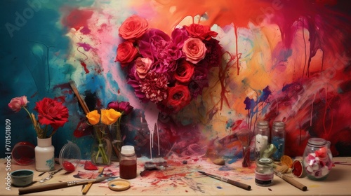  a table topped with vases filled with flowers next to a painting of a heart and paintbrushes on top of a table.