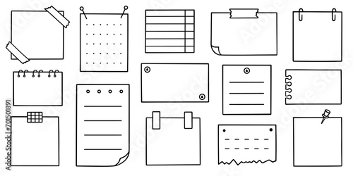 Memo sheets doodle set. Paper page, notes, reminder, sticky for bullet journal in sketch style. Hand drawn vector illustration isolated on white background. photo