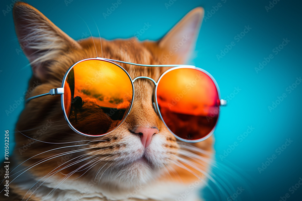 cute, funny, happy, adorable cat, kitty on the beach with humorous sunglasses. summertime, beach palm tree, heat relax, vacation. - obrazy, fototapety, plakaty 