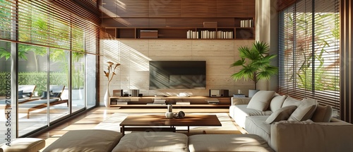 Modern living room interior with design and decor in earth tones. TV on a wooden wall