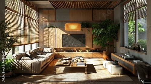 Modern living room interior with design and decor in earth tones. TV on a wooden wall © ColdFire