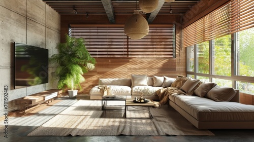 Wallpaper Mural Modern living room interior with design and decor in earth tones. TV on a wooden wall Torontodigital.ca