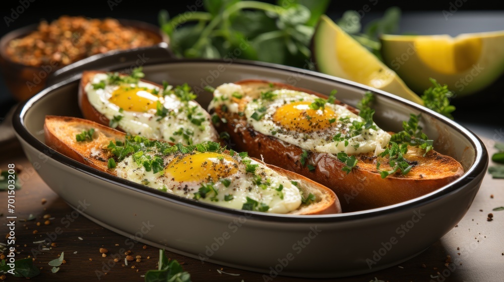 a baking dish filled with baked potatoes topped with an egg and parsley sprinkled on top of them. a baking dish filled with baked potatoes topped with an egg and parsley sprinkled on top of them.