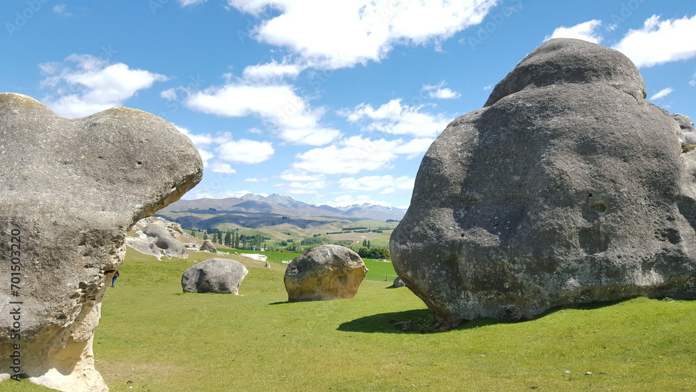 New zealand Elephant Rocks in Waitaki Valle sculptures green gras and blue sky - obrazy, fototapety, plakaty 