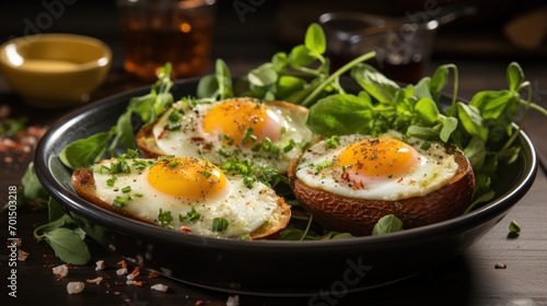  a close up of a plate of food with eggs on top of a bed of spinach and a cup of tea.