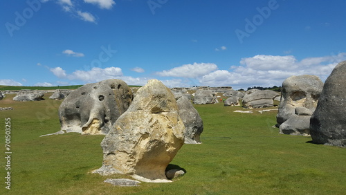 New zealand Elephant Rocks in Waitaki Valle sculptures green gras and blue sky
