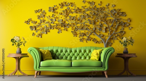 A vibrant, complex 3D tree motif flourishing on a solid chartreuse wall, enhancing the ambiance alongside a sofa.