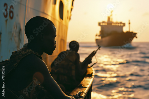 Armed Somali pirates attack container wessels at sea. photo