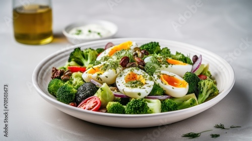  a close up of a plate of food with broccoli and hard boiled eggs on top of broccoli.
