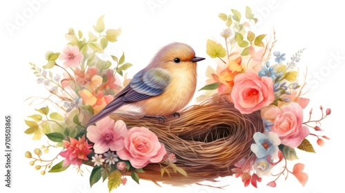  a painting of a bird sitting on top of a bird nest filled with flowers and a bird's nest. © Anna