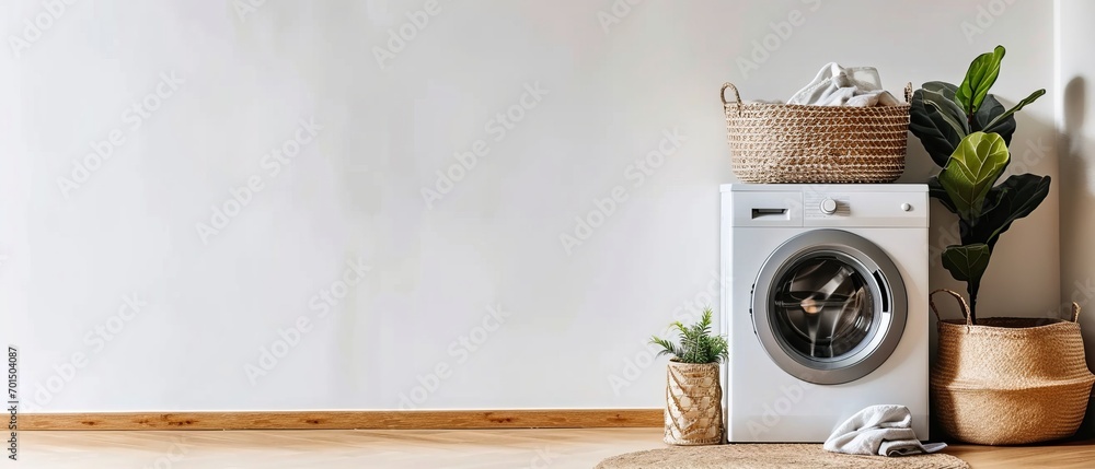 Elegant washing machine and laundry basket next to clean white wall - obrazy, fototapety, plakaty 