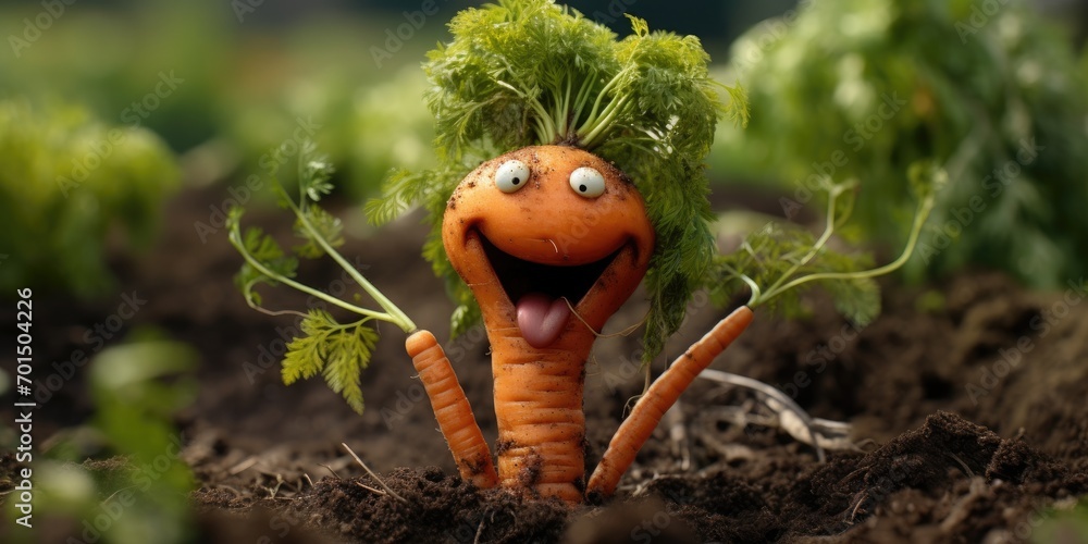 Smilling, laughing fresh carrot in the garden, funny gardening concept - obrazy, fototapety, plakaty 