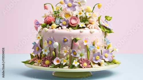  a close up of a cake on a plate with flowers on the top of the cake and on the bottom of the cake.