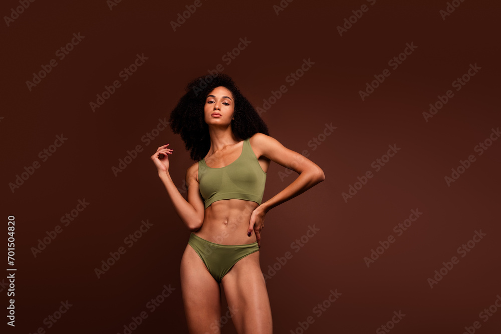 Fototapeta premium No retouch photo of stunning girl perfect flawless body natural beauty self and health care empty space isolated on brown color background
