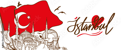 Sketch Drawing of the Official Flag of Turkey, Blue Mosque, Tulip, Dancing Dervish, and Glass of Tea symbols of Istanbul, Turkey. Turkish Tourist Attractions banner design.