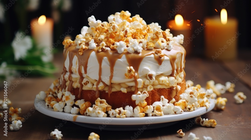  a cake sitting on top of a white plate covered in marshmallows and caramel drizzle.